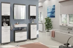 Kai - Meuble sous-lavabo (L/H/P : 60x56x34 cm) en reproduction argent fumé et blanc brillant thermoformé