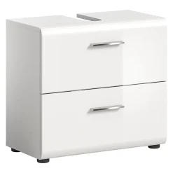 Kai - Meuble sous-lavabo (L/H/P : 60x54x32 cm) en imitation blanc et blanc brillant embouti