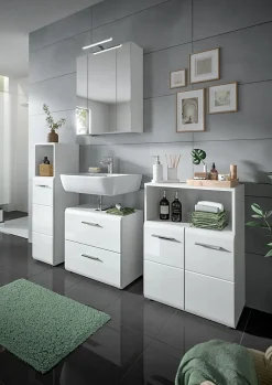 Kai - Meuble sous-lavabo (L/H/P : 60x54x32 cm) en imitation blanc et blanc brillant embouti
