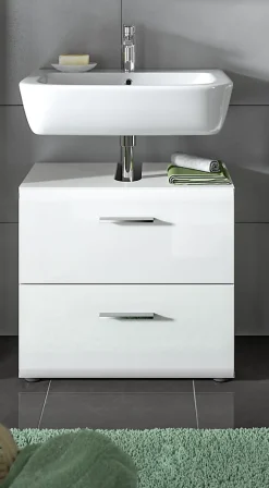 Kai - Meuble sous-lavabo (L/H/P : 60x54x32 cm) en imitation blanc et blanc brillant embouti