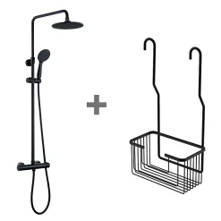 Kibath Pack colonne et porte-gel thermostatique rond, finition noir mat, en laiton