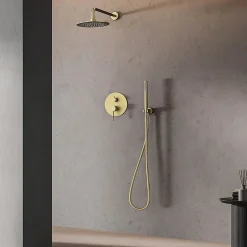 Kibath Robinet de douche encastré, équipement de douche mural monocommande rond, finition or mat brossé, en laiton