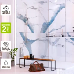 Kit de 2 Panneaux d'Habillage Décoratif Mural Douche, L120xl120x0.4 cm, finition bleu, Calacatta BLUE KOBERTIN
