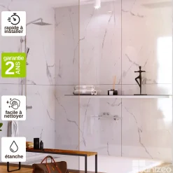 Kit de 2 Panneaux d'Habillage Décoratif Mural Douche, L120xl120x0.4 cm, finition marbre blanc, Mud White KOBERTIN