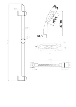 Kit de douche sans robinetterie avec douchette 3 jets + flexible + barre réglable, chrome, Edouard Rousseau Stop