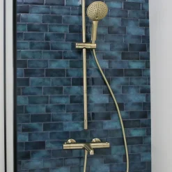 Kit de douche sans robinetterie avec douchette 3 jets + flexible + barre réglable, doré, Essebagno Luisa