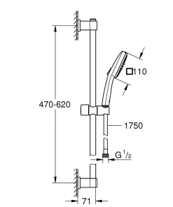 Kit de douche sans robinetterie avec douchette 2 jets + flexible + barre chrome, Grohe Vitalio Comfort 110
