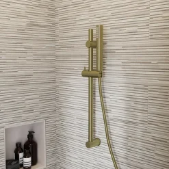 Kit de douche sans robinetterie avec barre réglable + douchette + flexible, doré brossé, GoodHome Owens