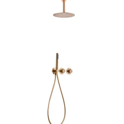 Kit douche encastre 2 voies acier et laiton finition or rose brosse avec thermostatique