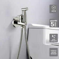Kit Douchette anti-calcaire hygiénique encastrée WC ou Bidet Salle de Bain Nickel Brossé IMEX MUNICH RDM001/NQ
