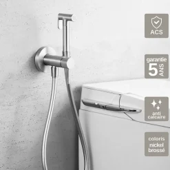 Kit Douchette anti-calcaire hygiénique encastrée WC ou Bidet Salle de Bain Nickel Brossé IMEX LINE RDD038/NQ