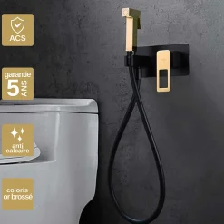 Kit Douchette anti-calcaire hygiénique encastrée WC ou Bidet Salle de Bain Noir et Or IMEX SUECIA BDC032-5/NGOLD