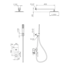 Kit encastre douche 2 voies acier et laiton noir et or avec pomme de 25x25 cm
