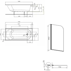KOLO by Geberit 160x70 cm Ensemble baignoire Opal Plus universelle + Pare baignoire pivotant chrome + pieds (XWP1260000-SETP1)