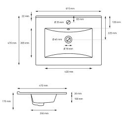 Lavabo à encastrer noir mat céramique avec bouchon de vidange 615 x 470 x 175 mm