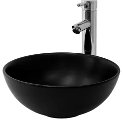 Lavabo à poser rond noir mat céramique avec garniture de vidage
