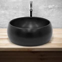 Lavabo en ceramique noir mat vasque a poser ronde pour salle de bain 400x155 mm