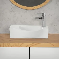 Lavabo en ceramique ovale blanc Evier avec trou pour robinet a droite 445x225 mm