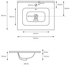 Lavabo en céramique blanc avec garniture de vidage et trop-plein 610x165x460 mm