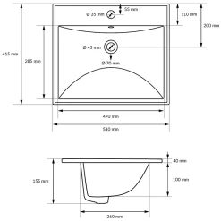 Lavabo en céramique blanc avec garniture de vidage et trop-plein 510x415x155 mm