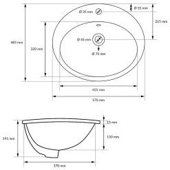 Lavabo en céramique blanc avec garniture de vidage et trop-plein 570x195x485 mm