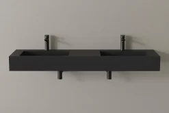 Lavabo mural en fonte minérale 153x45x15cm Quartz noir + Console métallique suspendue 150S