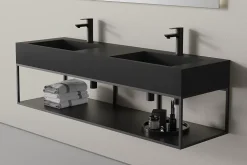 Lavabo mural en fonte minérale 153x45x15cm Blanc mat + Console métallique suspendue 150S