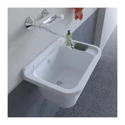 Lavabo Mural en Résine Blanc 50 x 32 cm Vasque Suspendue Anti-chocs - Evier Lave-Mains Salle de Bain WC Garage Buanderie