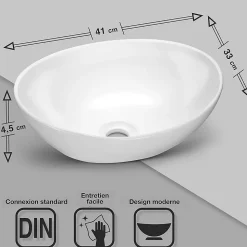 Lavabo ovale avec effet lotus Vasque à poser sans trou pour robinet blanc pur, 41 x 33 x 14,5 cm