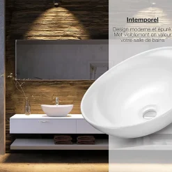 Lavabo ovale avec effet lotus Vasque à poser sans trou pour robinet blanc pur, 41 x 33 x 14,5 cm