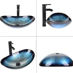 Lavabo Ovale en Verre avec Robinet, Vasque à Poser, Lave-Mains, Bleu Moderne, 53 x 35 x 16 cm