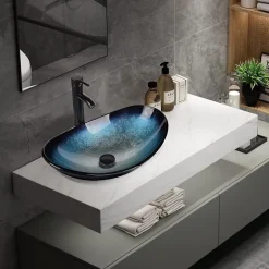 Lavabo Ovale en Verre avec Robinet, Vasque à Poser, Lave-Mains, Bleu Moderne, 53 x 35 x 16 cm