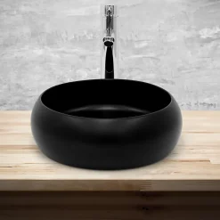 Lavabo rond ceramique noir vasque Evier a poser salle de bain toilette 35x12cm