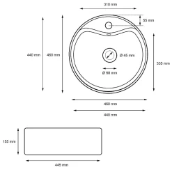 Lavabo Ronde en Céramique, 460x460x155 mm, Blanc, avec Garniture de Vidage