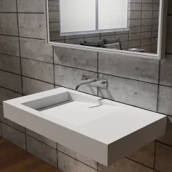 Lavabo Vasque suspendu blanc mat 100x50x12cm en fonte minérale, montage mural, sans trou robinetterie - PB2155