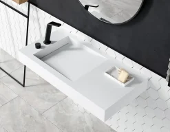 Lavabo Vasque suspendu blanc mat 100x50x12cm en fonte minérale, montage mural, sans trou robinetterie - PB2155