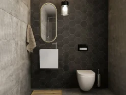 Lave main suspendu blanc en solid surface avec niche - Robinetterie à droite - 40 cm - PUMORI