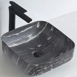 Lave-mains à poser céramique KW6134, 38,5 x 38,5 x 13,5 cm, Aspect marbre noir mat, Avec cache chrome