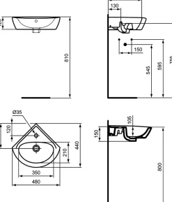Lave-mains d'angle Ulysse (44 cm) - Longueur: 340 mm - Largeur: 480 mm - Profondeur: 440 mm - Blanc