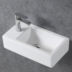 Lave-mains en céramique sanitaire KW302 - 45,5x25x12cm - blanc brillant Avec cache blanc brillant, Rangement gauche