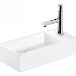 Lave-mains mural compact porcelaine SANINDUSA Note blanc cuve à gauche 36x18 avec trou robinet (mitigeur et vidage non inclus)