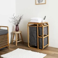LAZEN - Rangement à 3 Panières en Bambou et Tissu Gris