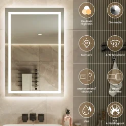 LED Miroir Lumineux Tricolore + Anti-buée 80x60cm Salle de Bain Dimmable,Tactile Miroir de salle de bains LED