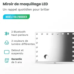 LED Miroir Maquillage Hollywood Mirlux 80x60cm, 2 haut-parleurs Bluetooth, recharge USB & USB-C, Grossissement 10x, Noir