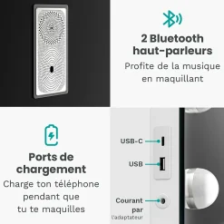 LED Miroir Maquillage Hollywood Mirlux 80x60cm, 2 haut-parleurs Bluetooth, recharge USB & USB-C, Grossissement 10x, Noir