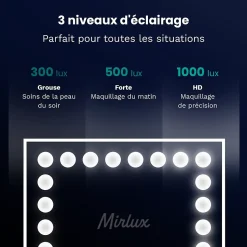 LED Miroir Maquillage Hollywood Mirlux 80x60cm, 2 haut-parleurs Bluetooth, recharge USB & USB-C, Grossissement 10x, Noir