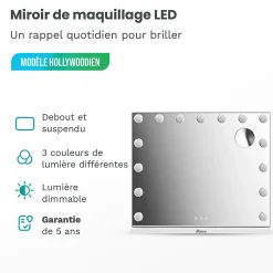 LED Miroir Maquillage Hollywood 58x48cm, 2 haut-parleurs Bluetooth, recharge USB & USB-C, Grossissement 10x, blanc