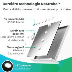 LED Miroir Maquillage Hollywood 58x48cm, 2 haut-parleurs Bluetooth, recharge USB & USB-C, Grossissement 10x, blanc