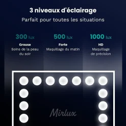 LED Miroir Maquillage Hollywood 58x48cm, 2 haut-parleurs Bluetooth, recharge USB & USB-C, Grossissement 10x, blanc