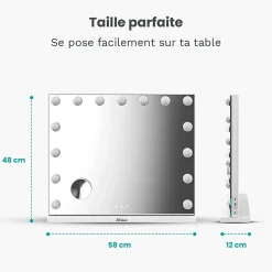 LED Miroir Maquillage Hollywood 58x48cm, 2 haut-parleurs Bluetooth, recharge USB & USB-C, Grossissement 10x, blanc
